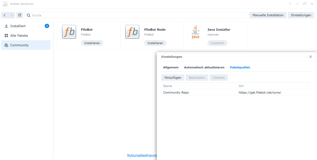 Synology Paket Manager mit zusätzlichem Paketquellen